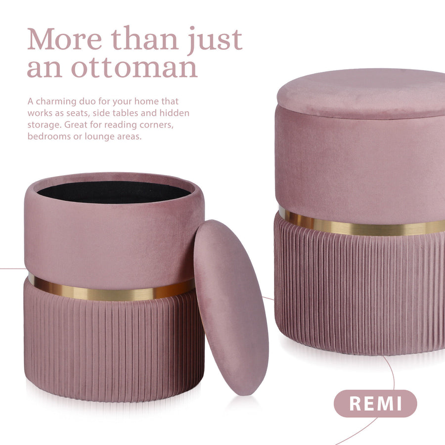 2X Side Table Storage Ottoman - Velvet Stool Footstool REMI - PINK