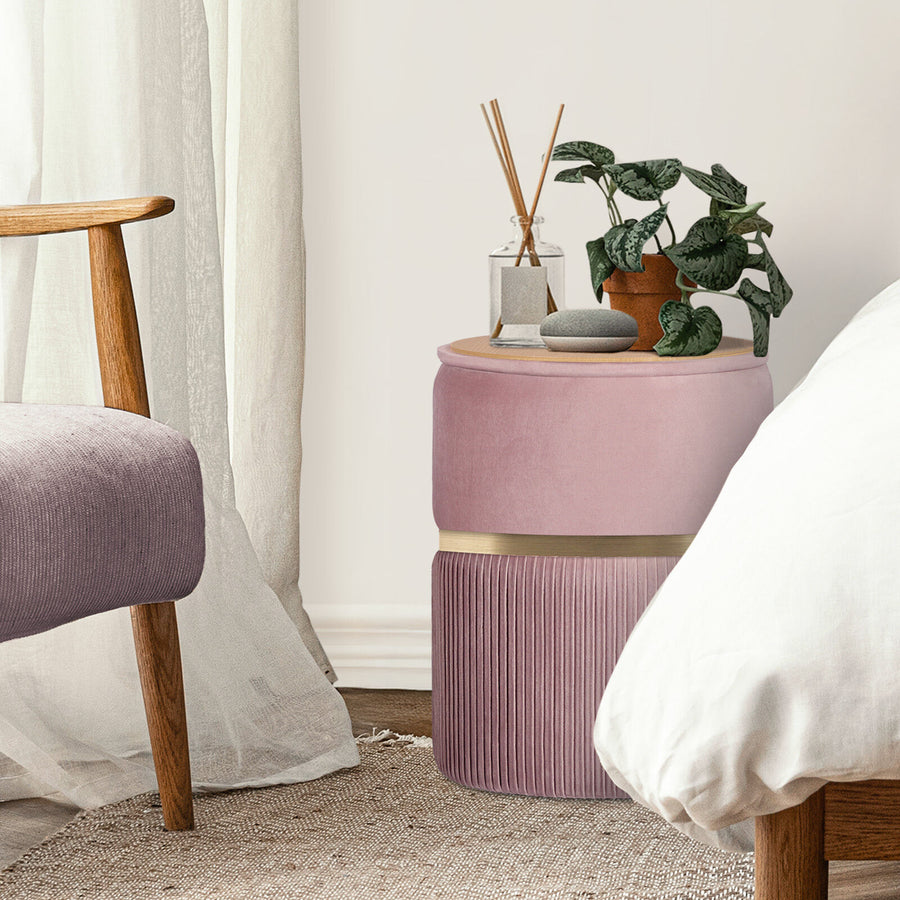2X Side Table Storage Ottoman - Velvet Stool Footstool REMI - PINK