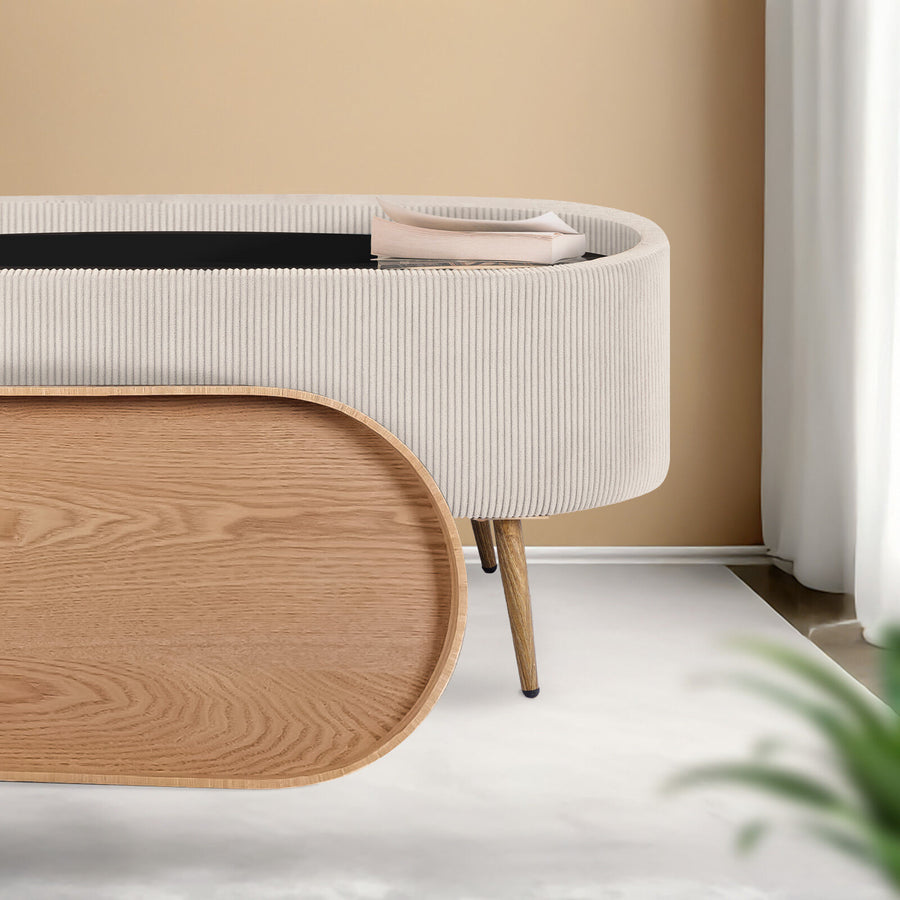 Coffee Table Storage Ottoman - Ribbed Corduroy ESME - CREAM