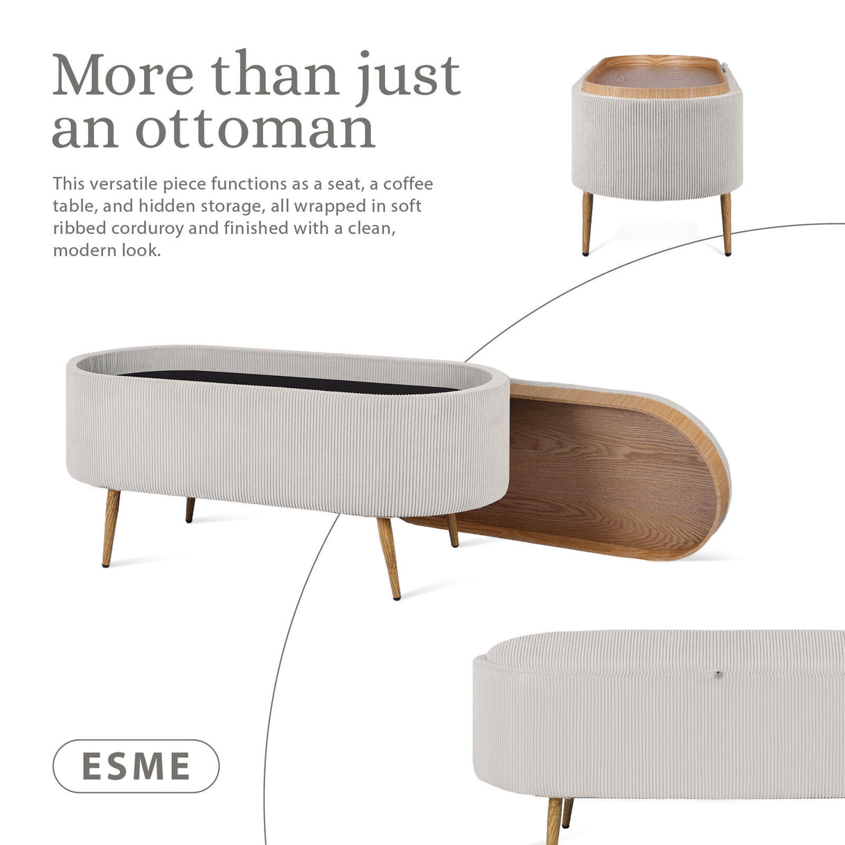 Coffee Table Storage Ottoman - Ribbed Corduroy ESME - CREAM