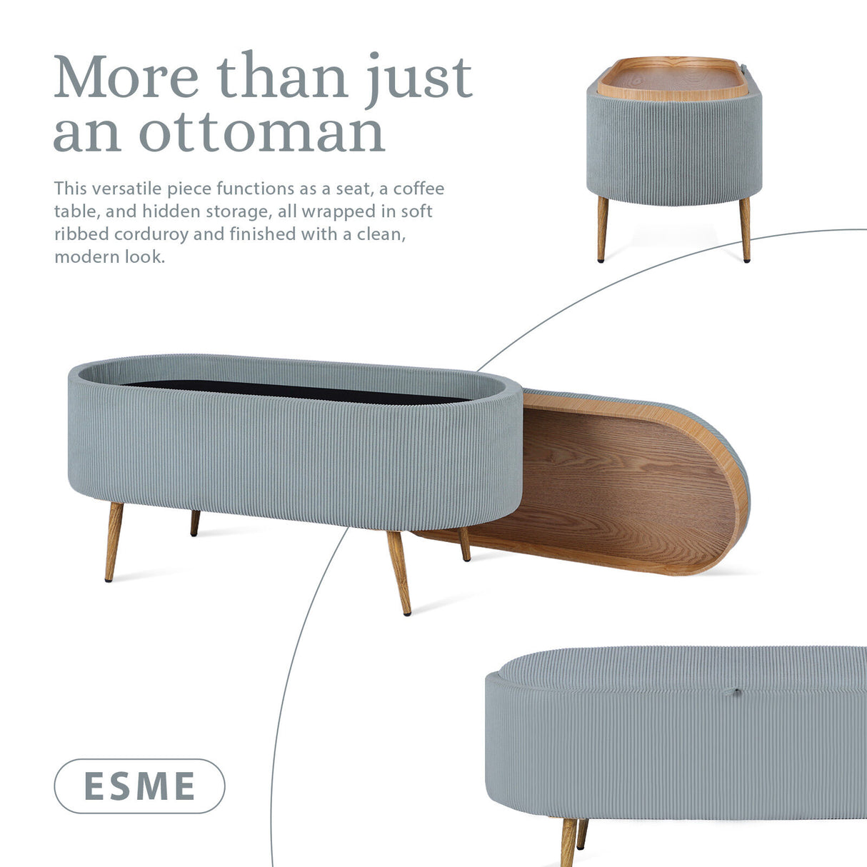 Coffee Table Storage Ottoman - Ribbed Corduroy ESME - Dusty Blue