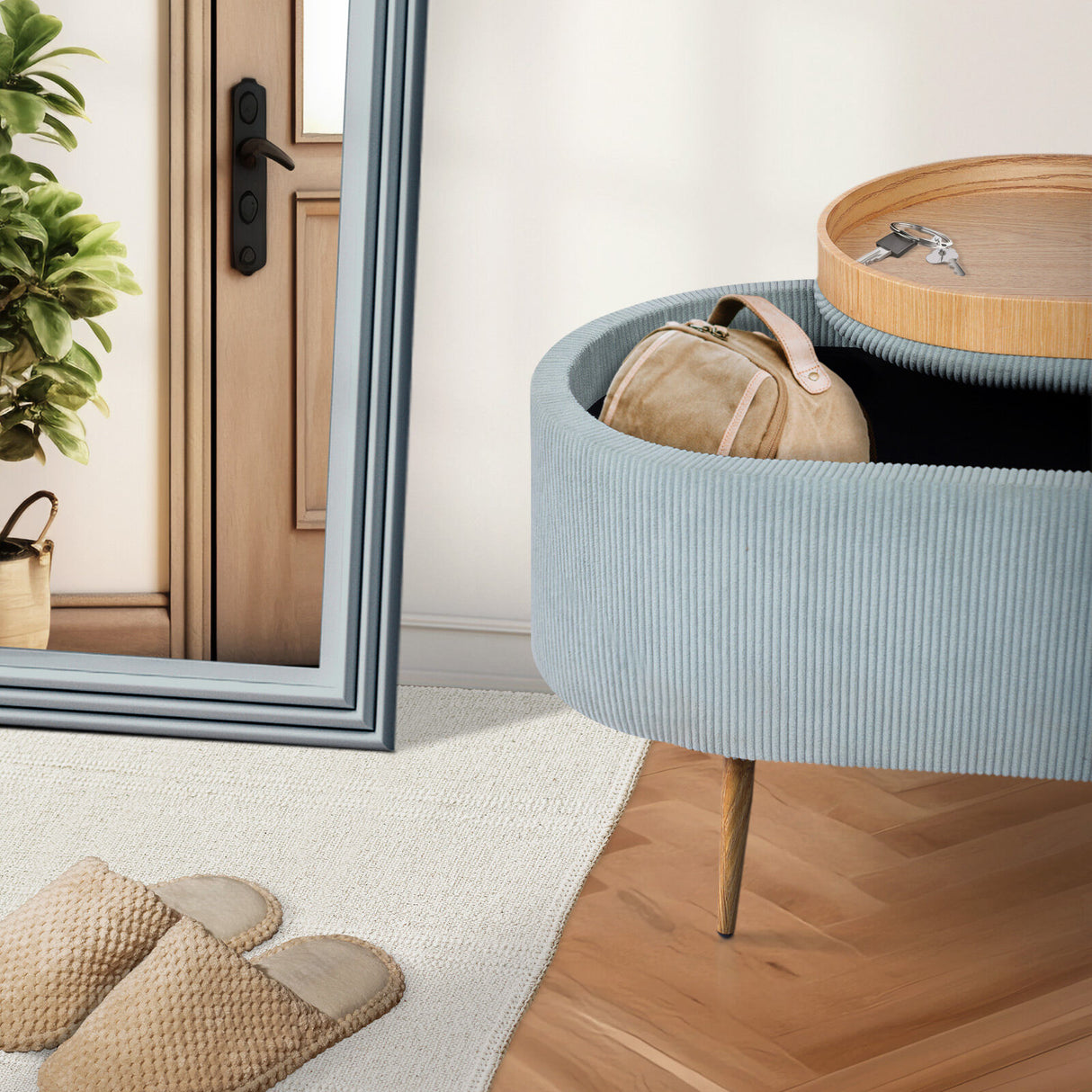 Coffee Table Storage Ottoman - Ribbed Corduroy ESME - Dusty Blue