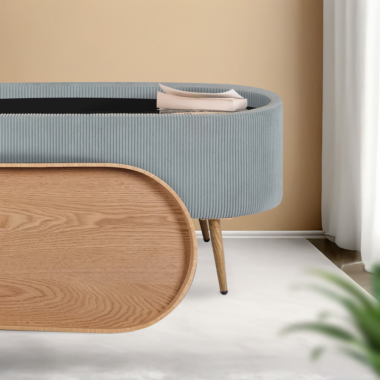 Coffee Table Storage Ottoman - Ribbed Corduroy ESME - Dusty Blue