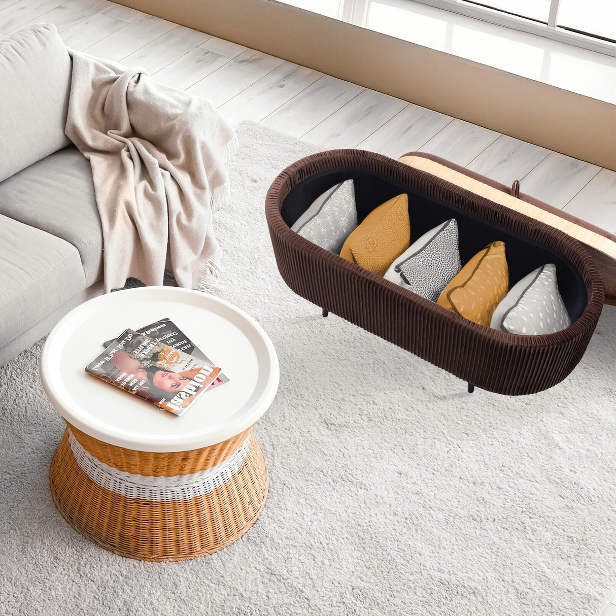 Coffee Table Storage Ottoman - Velvet IRENE - BROWN