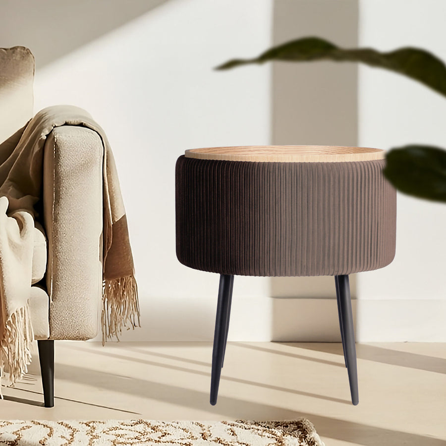 Side Table Storage Ottoman - Velvet Stool Footstool CLEO - BROWN