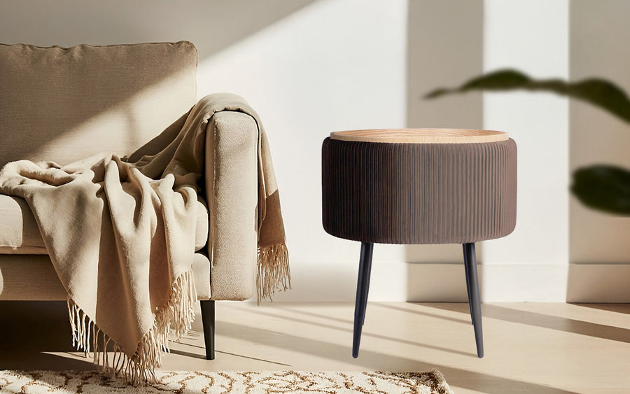 Side Table Storage Ottoman - Velvet Stool Footstool CLEO - BROWN