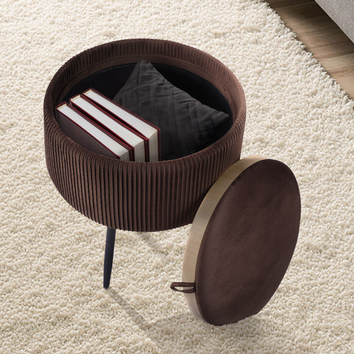 Side Table Storage Ottoman - Velvet Stool Footstool CLEO - BROWN