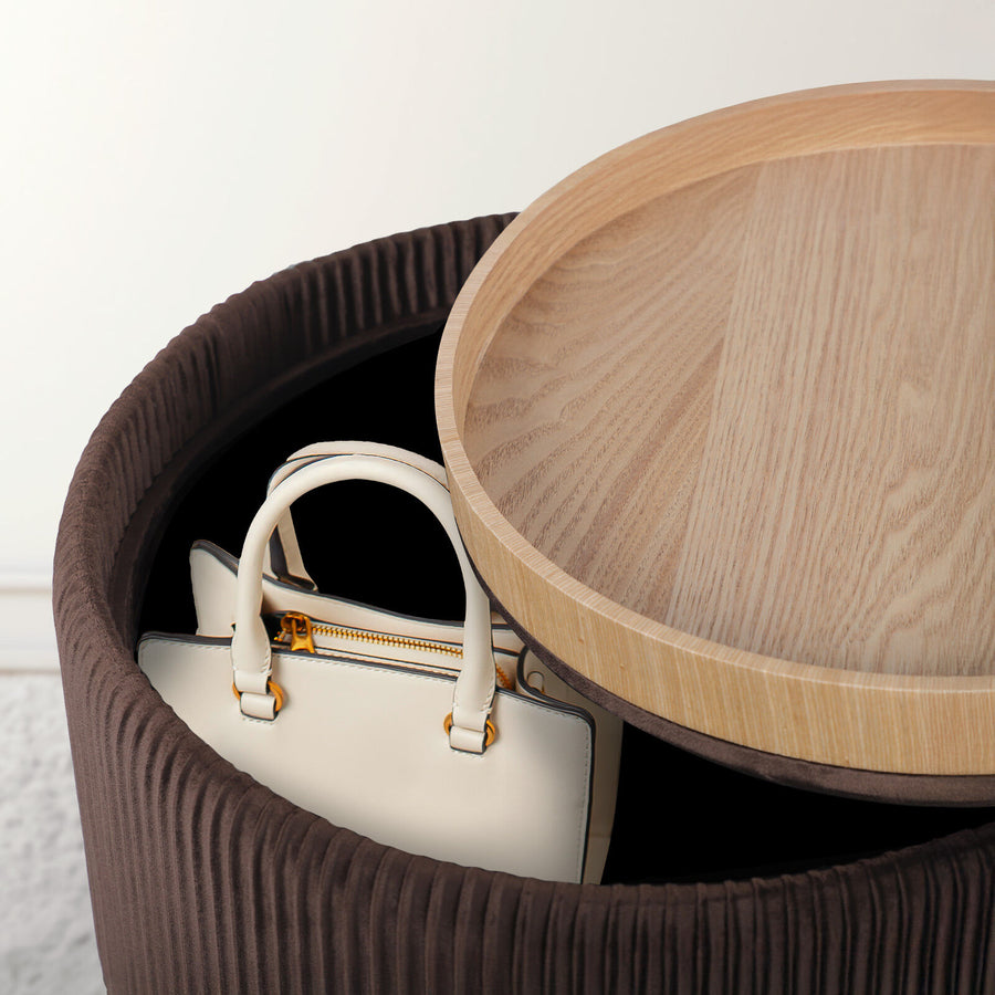 Side Table Storage Ottoman - Velvet Stool Footstool CLEO - BROWN