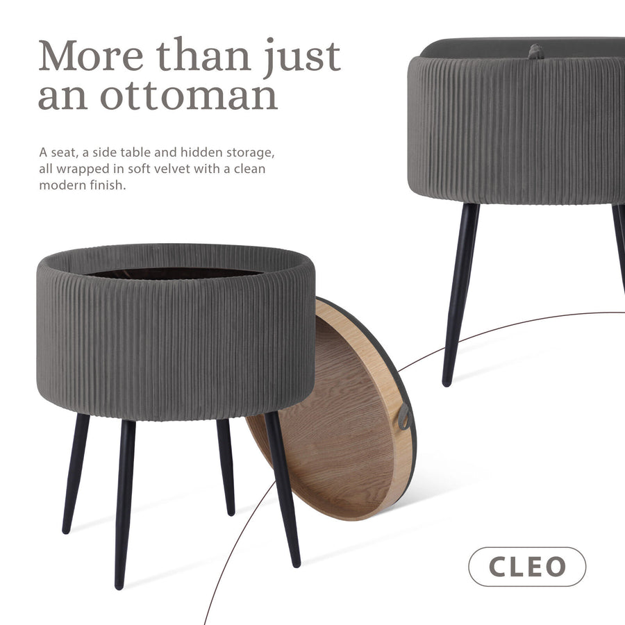 Side Table Storage Ottoman - Velvet Stool Footstool CLEO - GREY