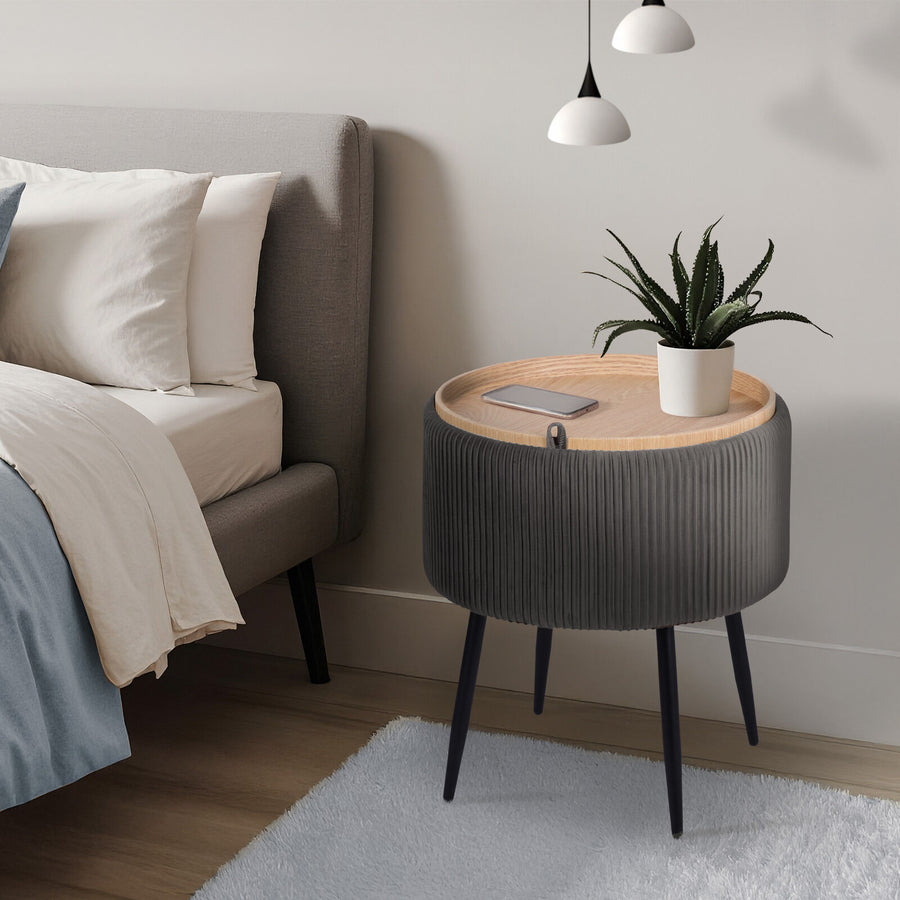 Side Table Storage Ottoman - Velvet Stool Footstool CLEO - GREY