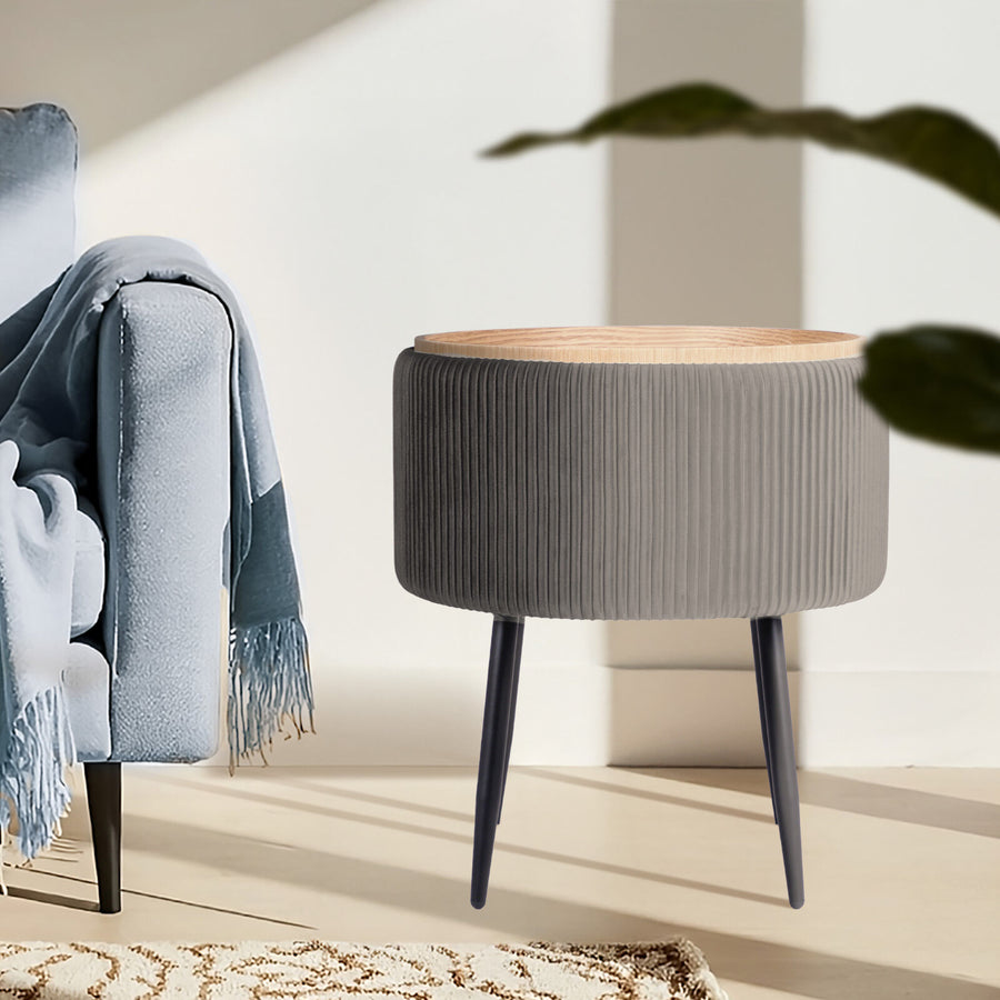 Side Table Storage Ottoman - Velvet Stool Footstool CLEO - GREY