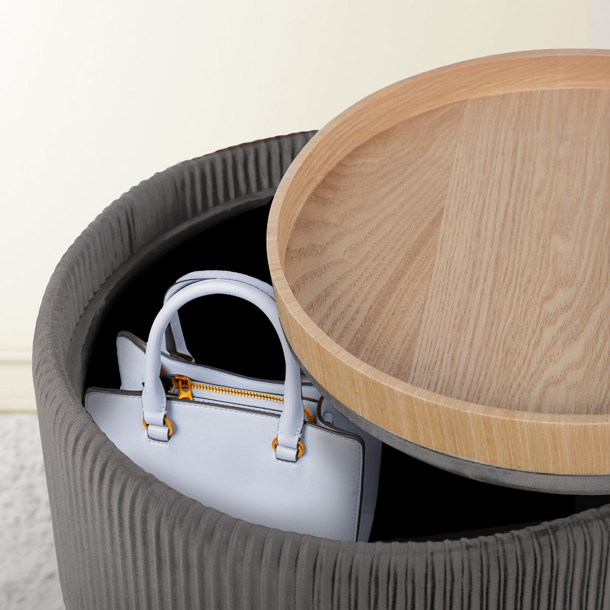 Side Table Storage Ottoman - Velvet Stool Footstool CLEO - GREY