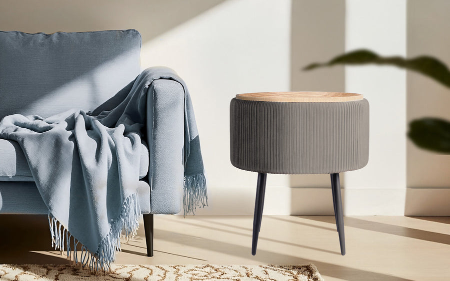 Side Table Storage Ottoman - Velvet Stool Footstool CLEO - GREY