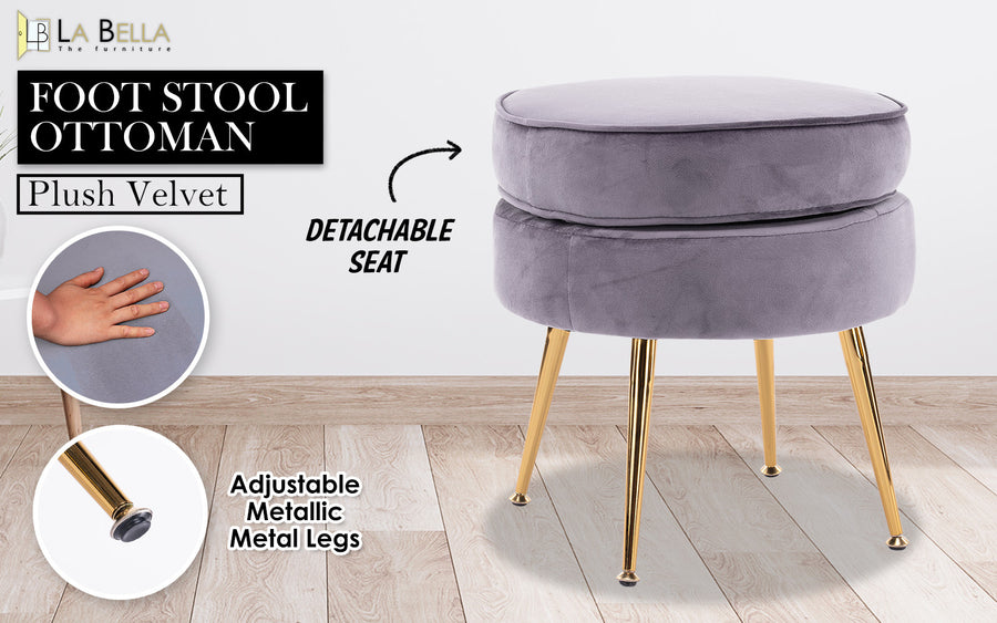 Foot Stool Ottoman Velvet Metal Leg Round - GREY