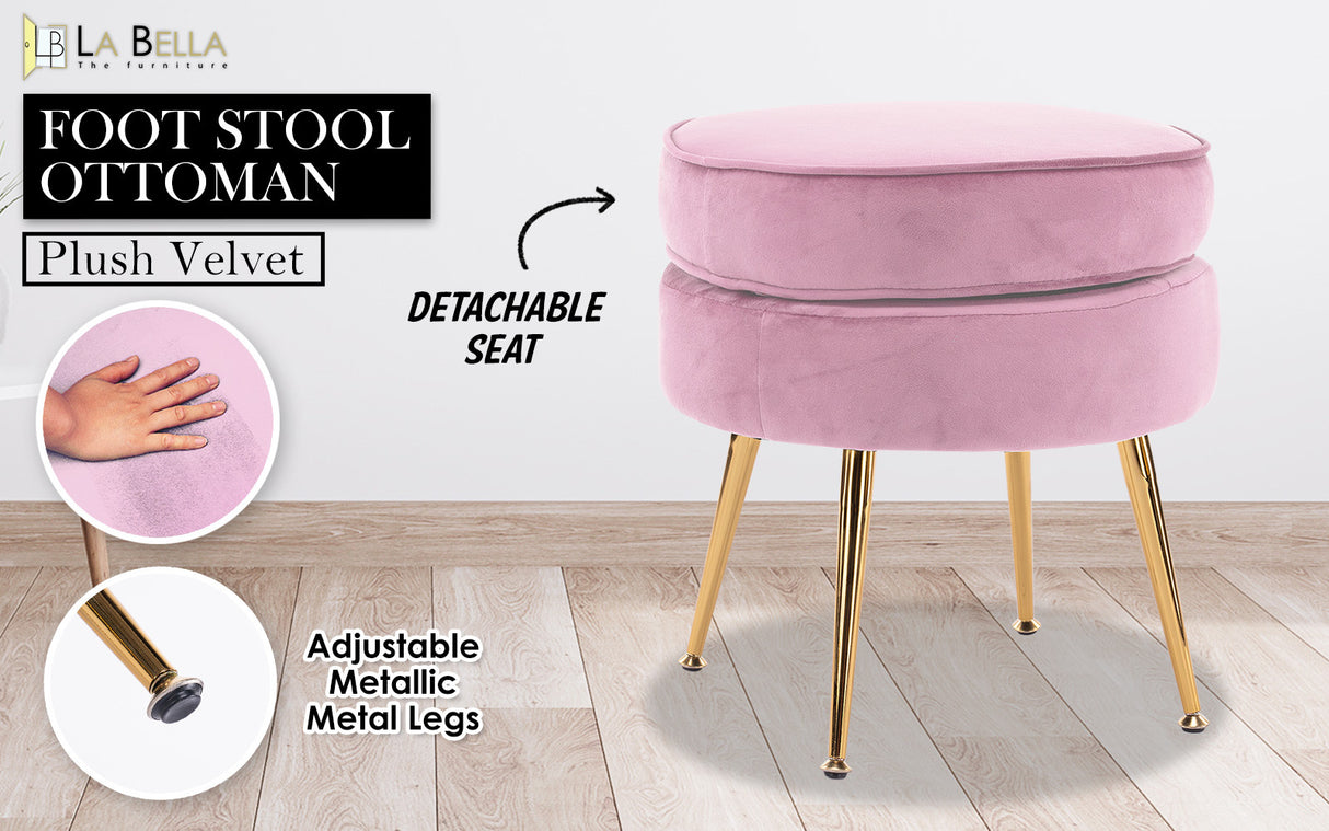 Foot Stool Ottoman Velvet Metal Leg Round - PINK