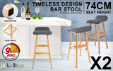 2X 74cm Wood Bar Stool Fabric SOPHIA - GREY