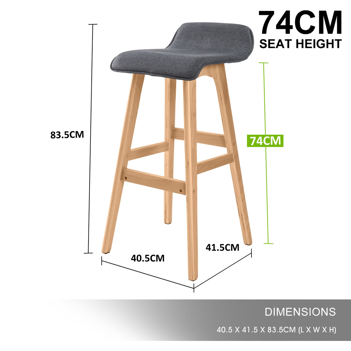2X 74cm Wood Bar Stool Fabric SOPHIA - GREY