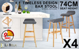 4X 74cm Wood Bar Stool Fabric SOPHIA - GREY