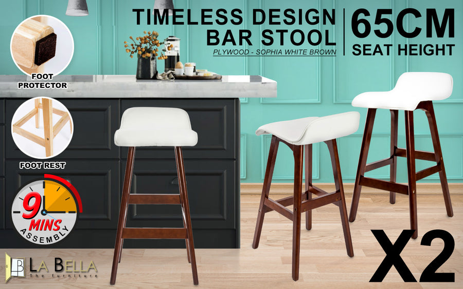 2X 65cm Wood Bar Stool Leather SOPHIA - WHITE BROWN