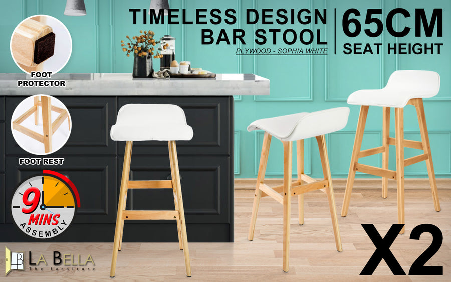 2X 65cm Wood Bar Stool Leather SOPHIA - WHITE