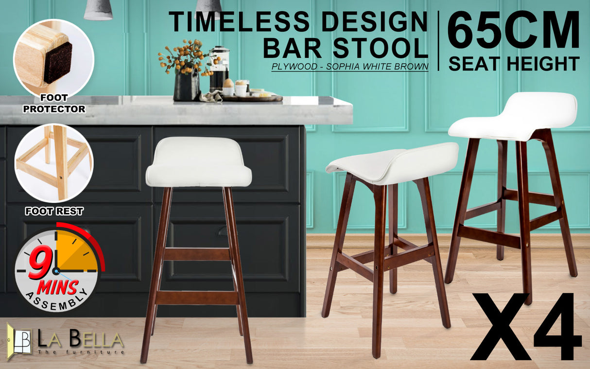 4X 65cm Wood Bar Stool Leather SOPHIA - WHITE BROWN