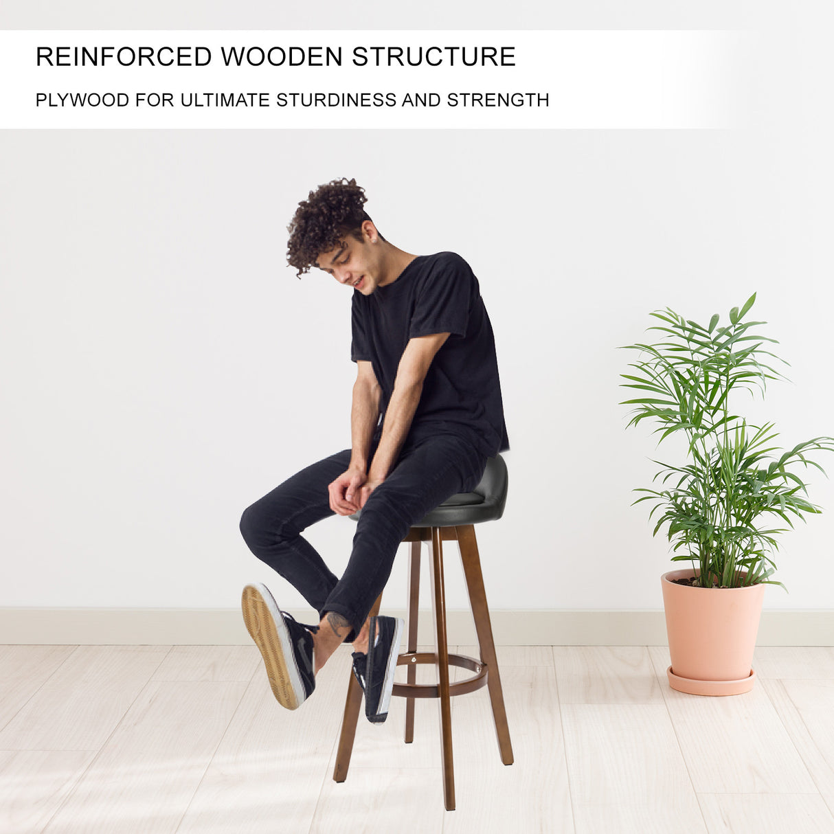 4X 72cm Wood Bar Stool Leather LEILA - BLACK BROWN
