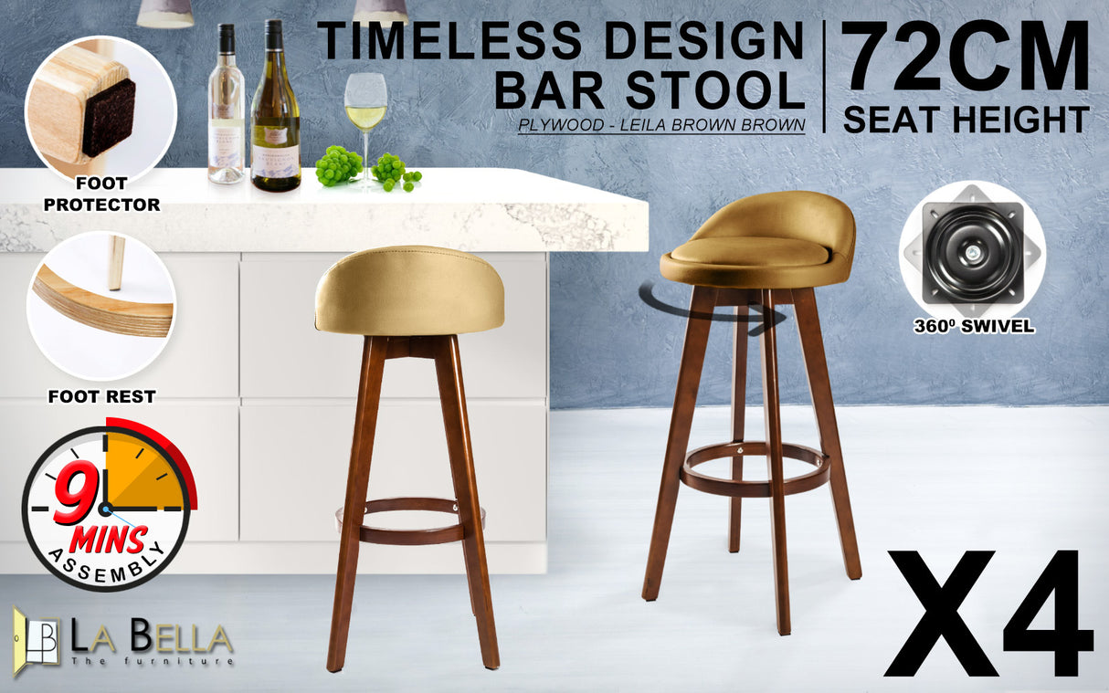 4X 72cm Wood Bar Stool Leather LEILA - COFFEE BROWN