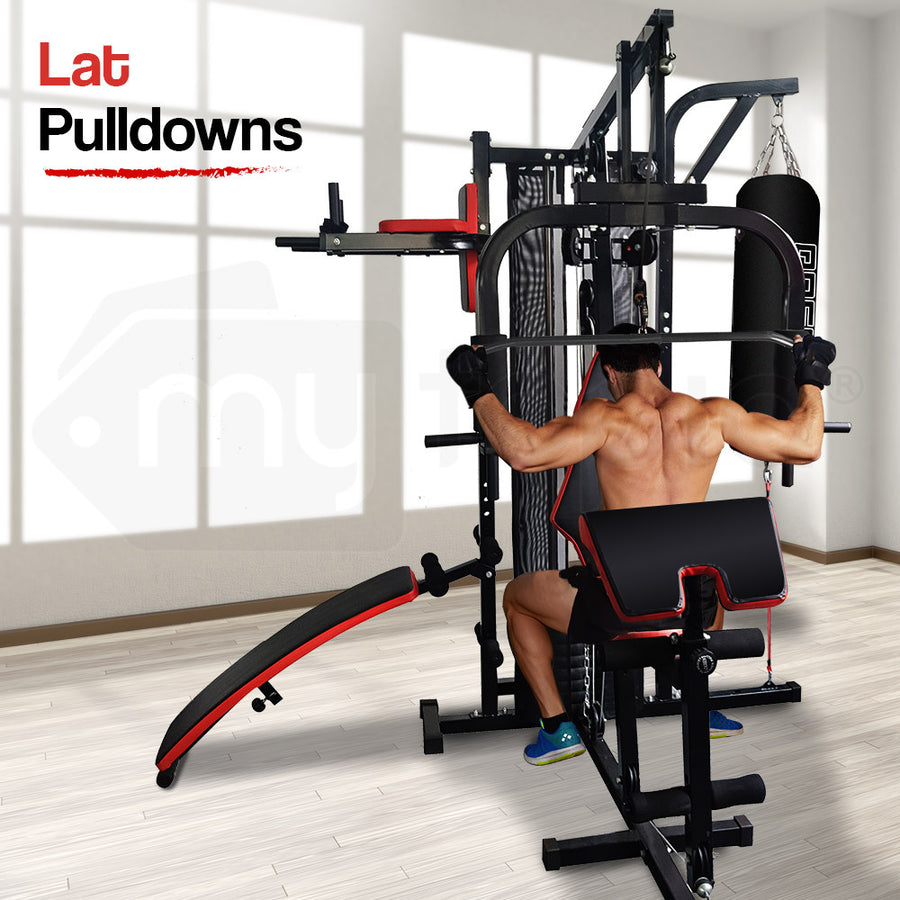 Proflex Red Multi Station Home Gym Set with 148lbs Plates & Boxing Bag- M9500