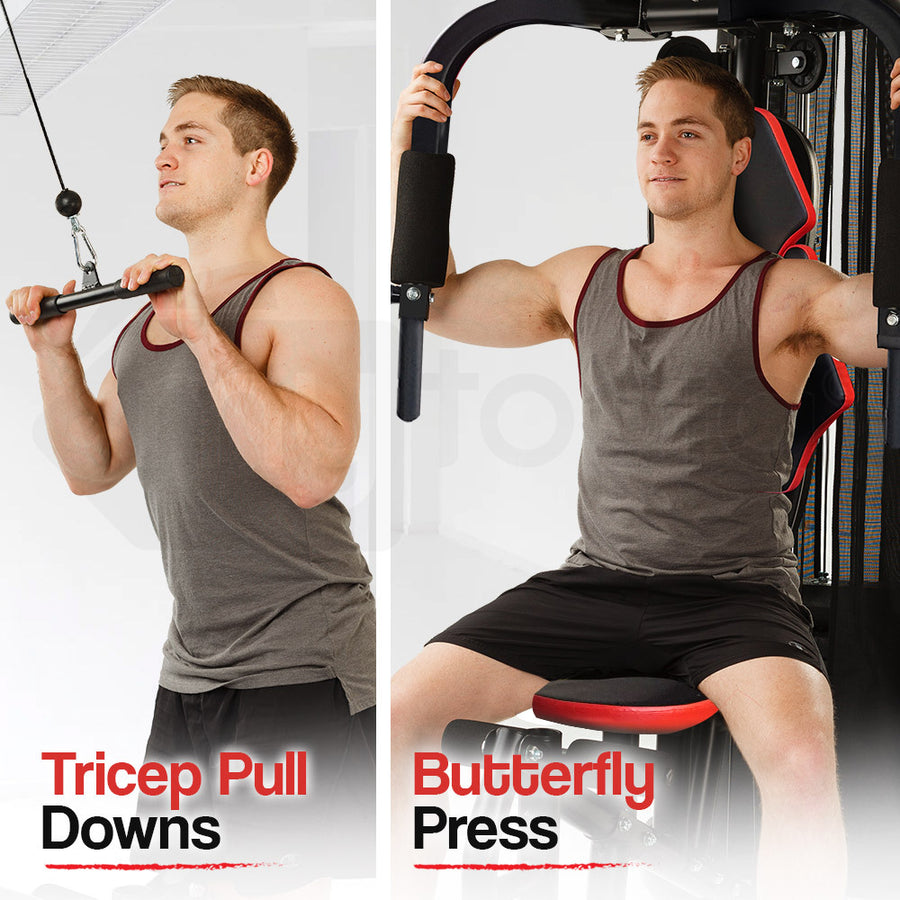 Proflex Red Multi Station Home Gym Set with 148lbs Plates & Boxing Bag- M9500