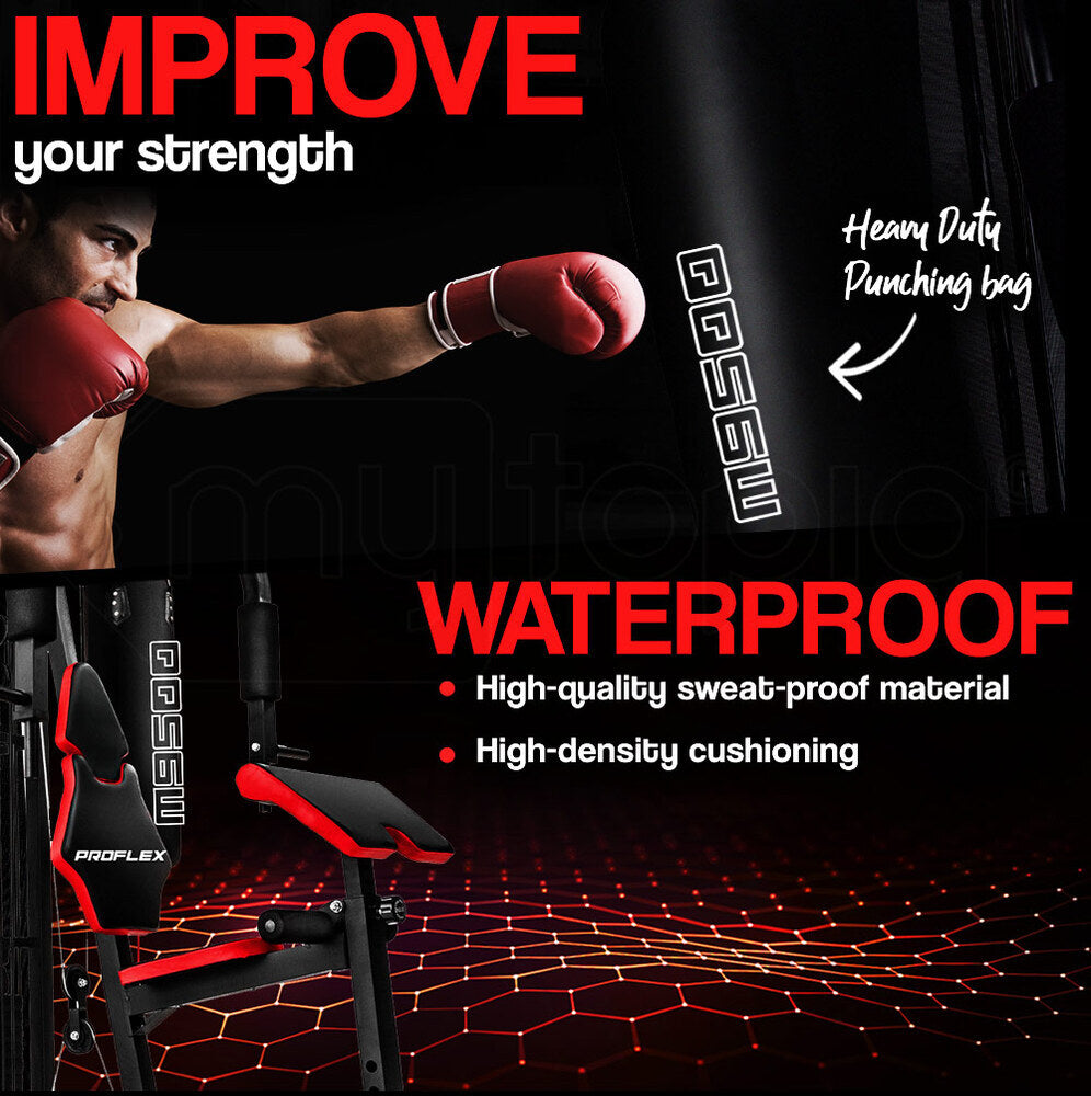 Proflex Red Multi Station Home Gym Set with 148lbs Plates & Boxing Bag- M9500