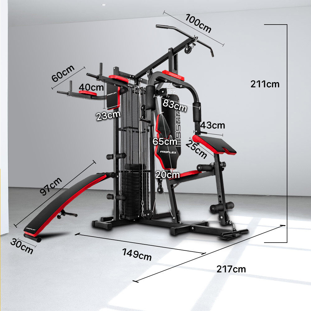 Proflex Red Multi Station Home Gym Set with 148lbs Plates & Boxing Bag- M9500