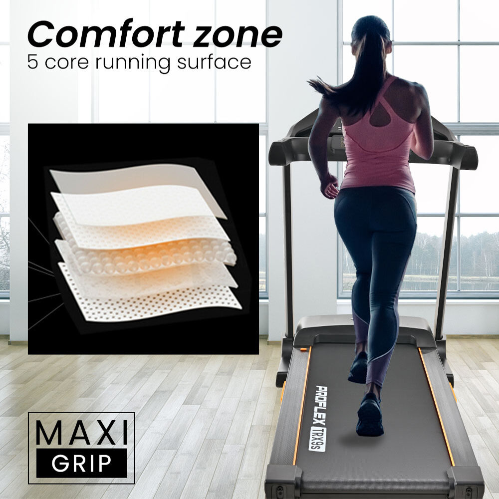 PROFLEX TRX9s Electric Treadmill, Large Size, 450mm Belt, Foldable, Suspension, Auto Incline, Bluetooth, Pulse Sensors