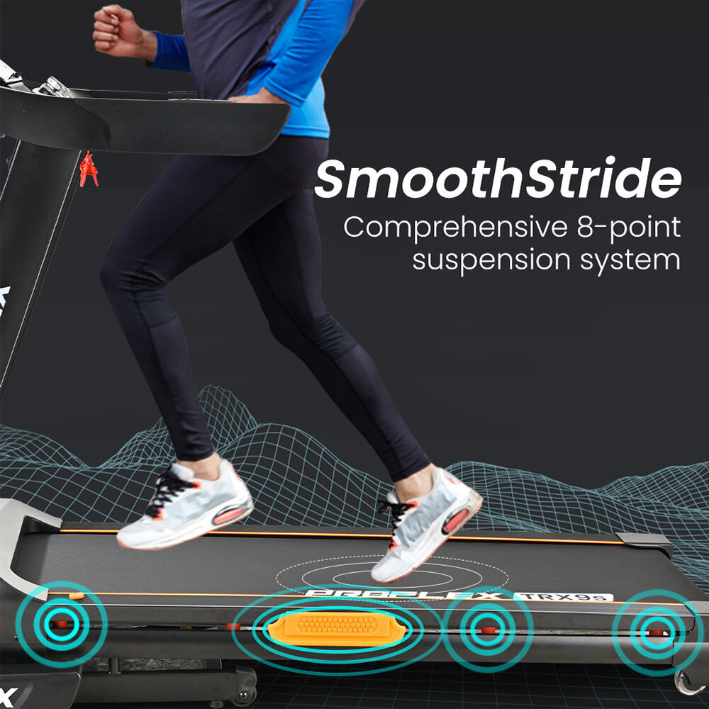 PROFLEX TRX9s Electric Treadmill, Large Size, 450mm Belt, Foldable, Suspension, Auto Incline, Bluetooth, Pulse Sensors