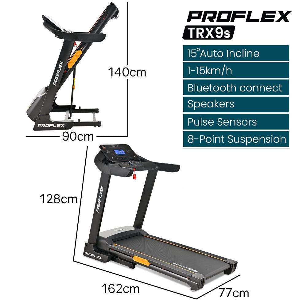 PROFLEX TRX9s Electric Treadmill, Large Size, 450mm Belt, Foldable, Suspension, Auto Incline, Bluetooth, Pulse Sensors
