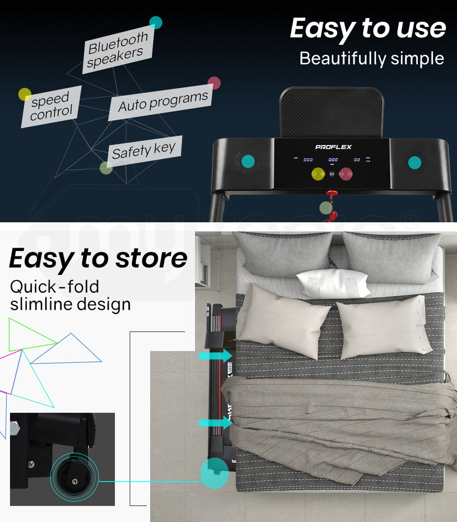 PROFLEX Electric Treadmill Compact Foldable with Bluetooth Speakers, Digital Device Stand