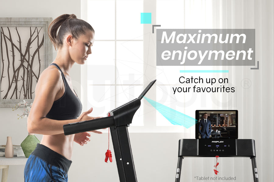 PROFLEX Electric Foldable Compact Treadmill with Bluetooth Speakers, Digital Device Stand - Black