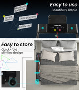 PROFLEX Electric Foldable Compact Treadmill with Bluetooth Speakers, Digital Device Stand - Black - 45-Degree Angle