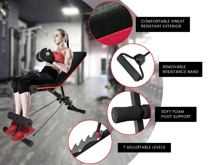 PROFLEX B200 Adjustable Incline Decline Weight Bench with Resistance Bands