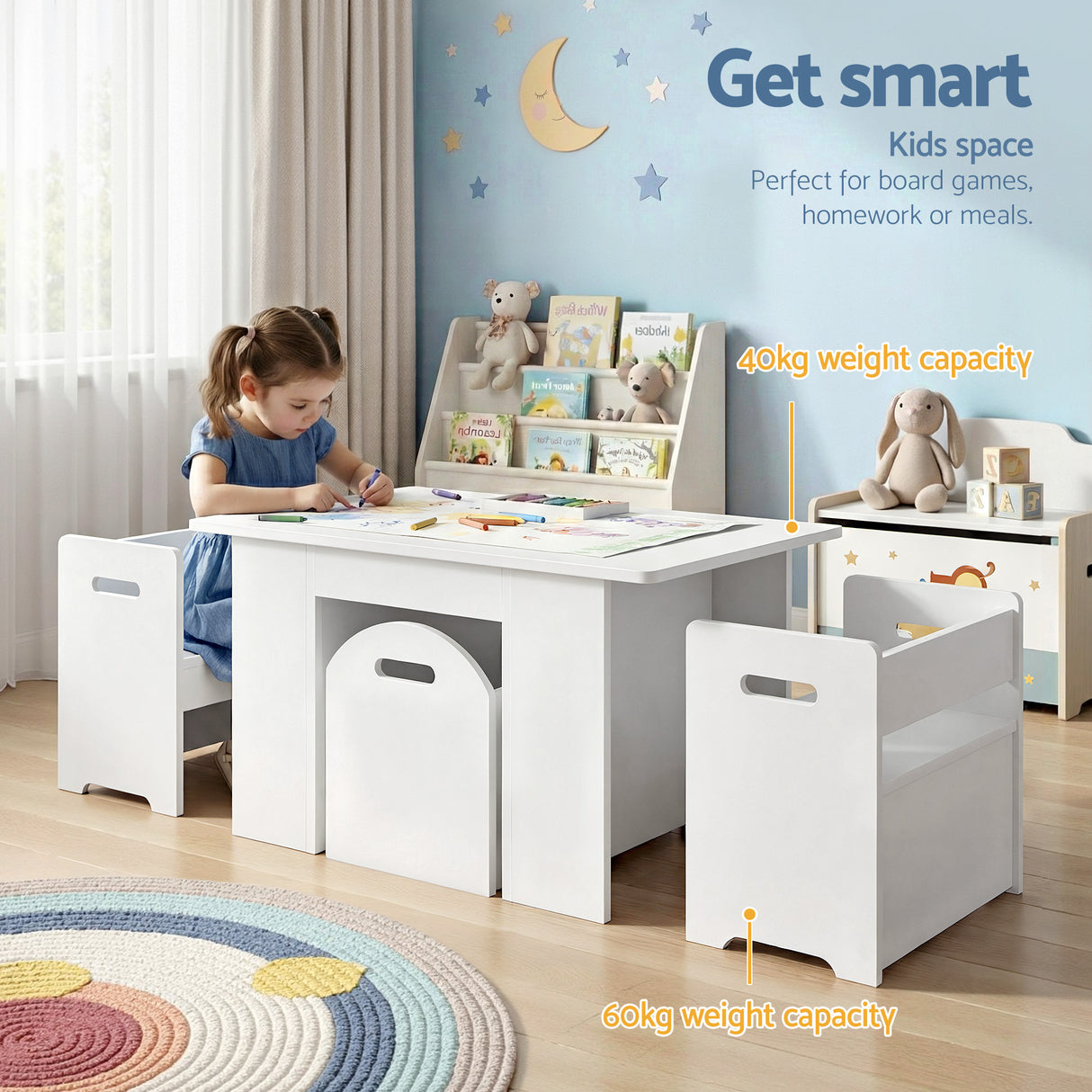 Keezi 3PCS Kids Table and Chairs Set Storage Toys Play Activity Desk