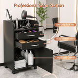 Artiss Professional Salon Station Rolling Cart, Hair Styling Beauty Cabinet with 2 Drawers & 2 Appliance Holders, Wood Barber Spa Trolley with 360° Wheels for Skincare & Vanity, Black - Rear View