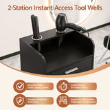 Artiss Professional Salon Station Rolling Cart, Hair Styling Beauty Cabinet with 2 Drawers & 2 Appliance Holders, Wood Barber Spa Trolley with 360° Wheels for Skincare & Vanity, Black - Close-Up Angle