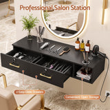 Artiss Wall Mounted Salon Station Cabinet, Hair Styling Station with 2 Lockable Drawers & 3 Appliance Holders, Wooden Barber Spa Equipment for Vanity, Black - Rear View