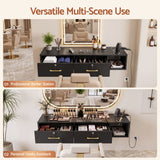 Artiss Wall Mounted Salon Station Cabinet, Hair Styling Station with 2 Lockable Drawers & 3 Appliance Holders, Wooden Barber Spa Equipment for Vanity, Black - Low Angle