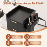 Artiss Professional Salon Station Rolling Cart, Hair Styling Beauty Cabinet with 2 Drawers, Large Supply Cabinet & 3 Appliance Holders, Wood Barber Spa Trolley with 360° Wheels for Skincare & Vanity, Black - Close-Up Angle