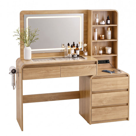 Artiss Dressing Table Makeup Vanity Desk LED Mirror Drawers Charging Station Curved Edge Wood, image 3