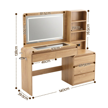 Artiss Dressing Table Makeup Vanity Desk LED Mirror Drawers Charging Station Curved Edge Wood, image 4
