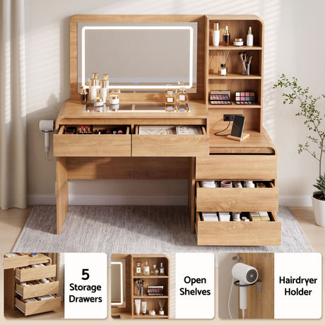 Artiss Dressing Table Makeup Vanity Desk LED Mirror Drawers Charging Station Curved Edge Wood, image 7