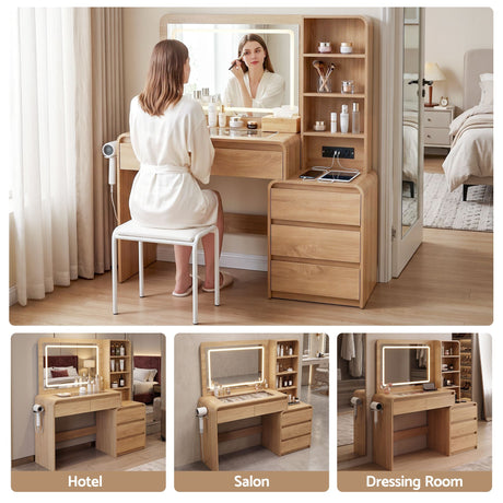 Artiss Dressing Table Makeup Vanity Desk LED Mirror Drawers Charging Station Curved Edge Wood, image 11