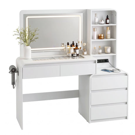 Artiss Dressing Table Makeup Vanity Desk LED Mirror Drawers Charging Station Curved Edge White, image 3