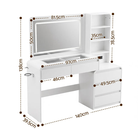 Artiss Dressing Table Makeup Vanity Desk LED Mirror Drawers Charging Station Curved Edge White, image 4
